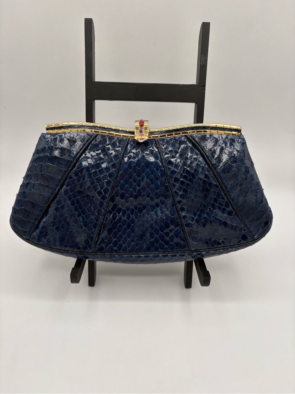 Vtg JUDITH LEIBER Snakeskin Leather Clutch Bag Small Navy Gold Multi Stones RARE